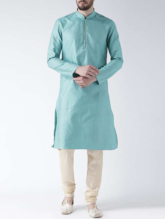 blue silk blend jacquard long kurta