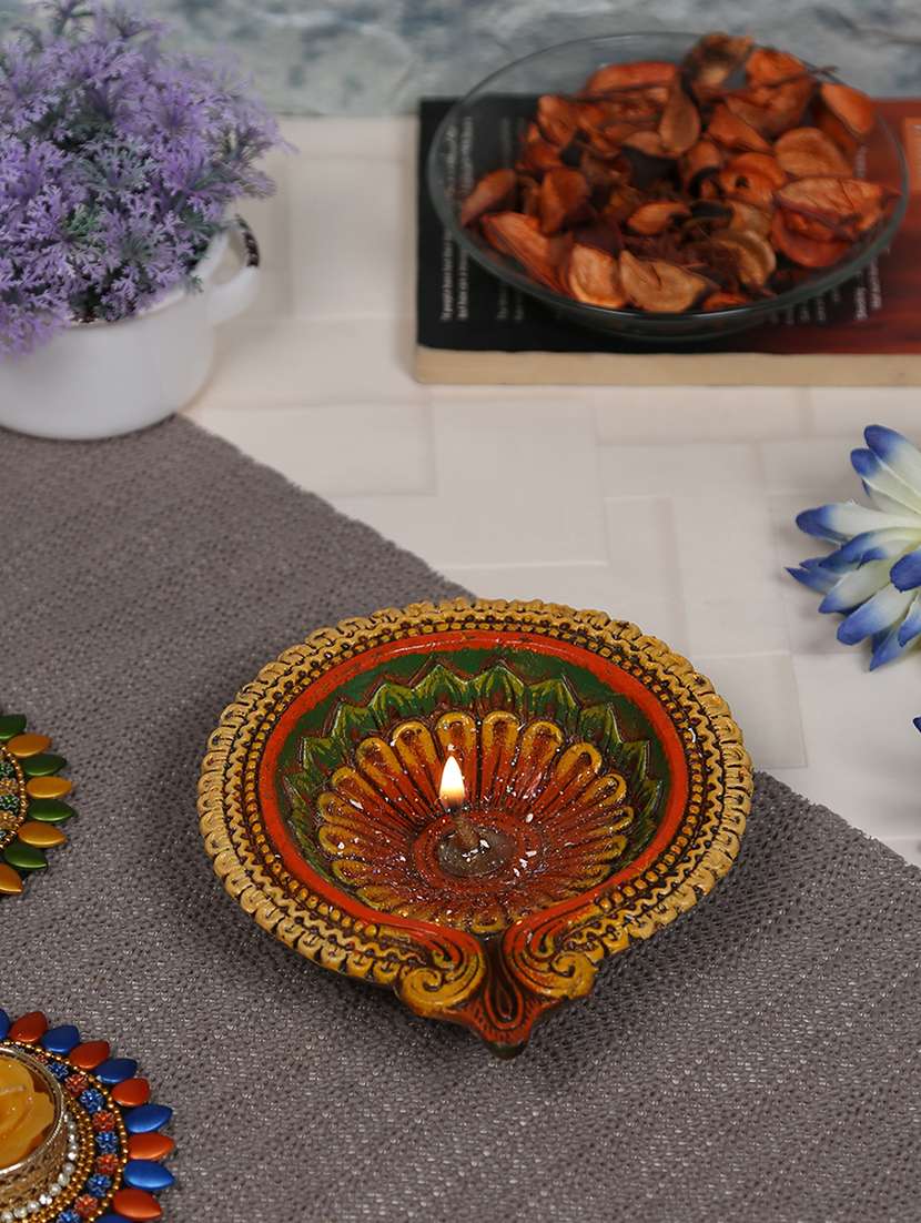 floral shape big earthen gel filled diya for the festival - 1 pc