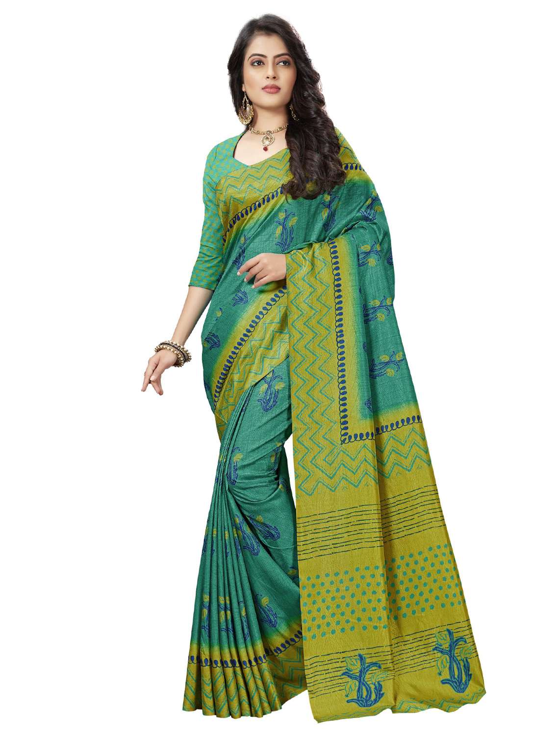 contrast bordered printed saree with blouse