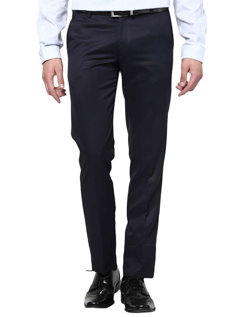 navy blue polyester blend flat front formal trouser