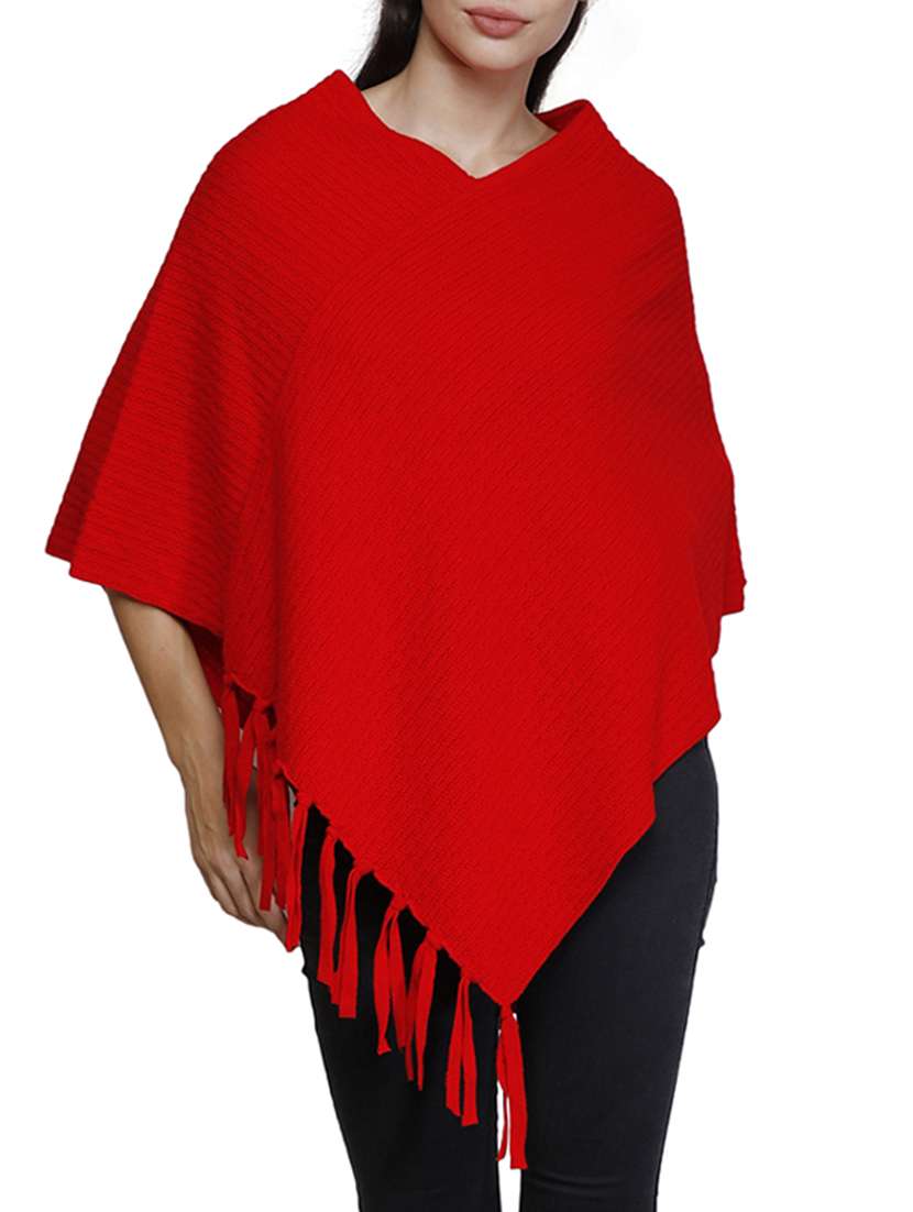 v-neck fringe hem knitted poncho