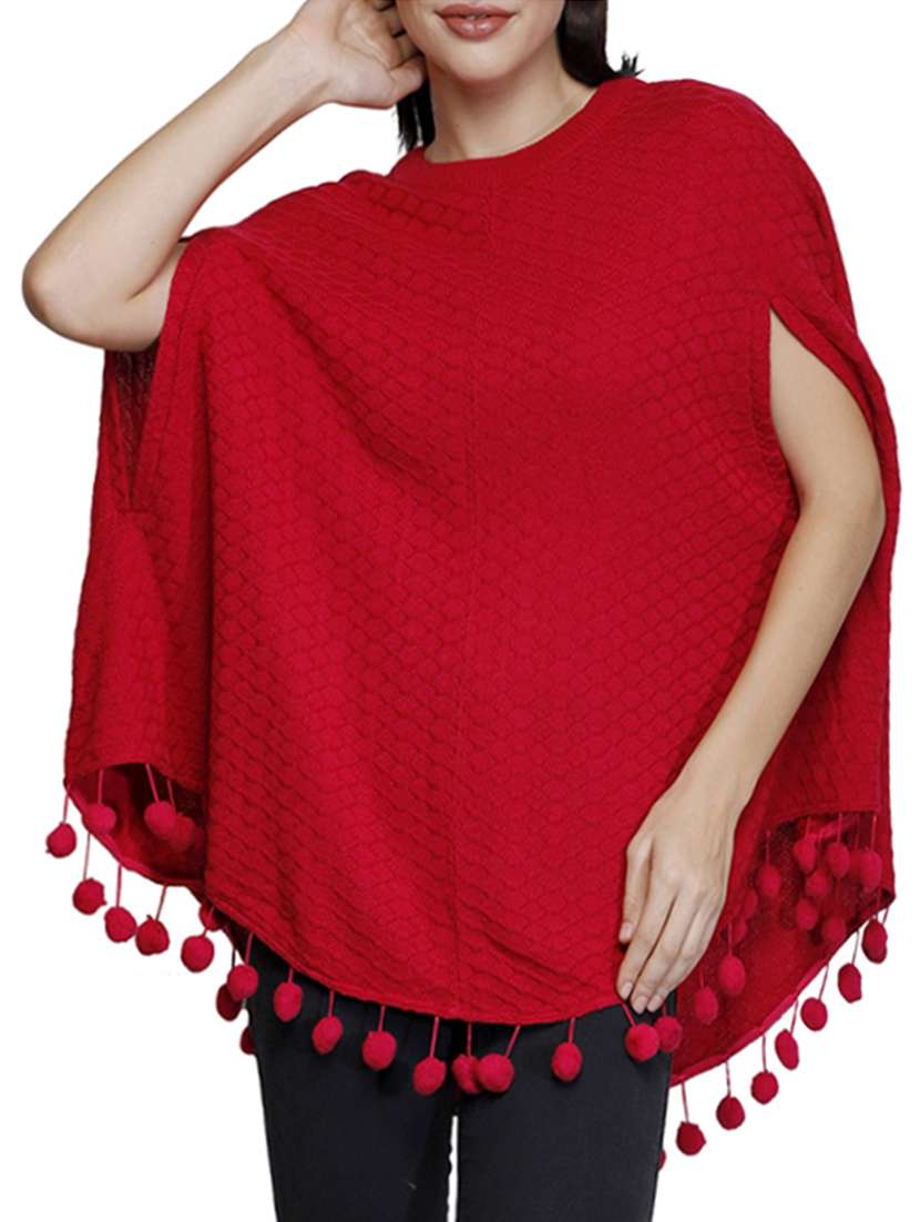 pom-pom detail knitted poncho