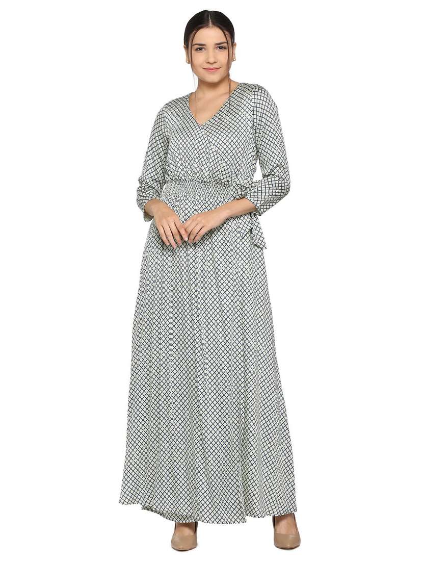 smocked side knot detail printed dress