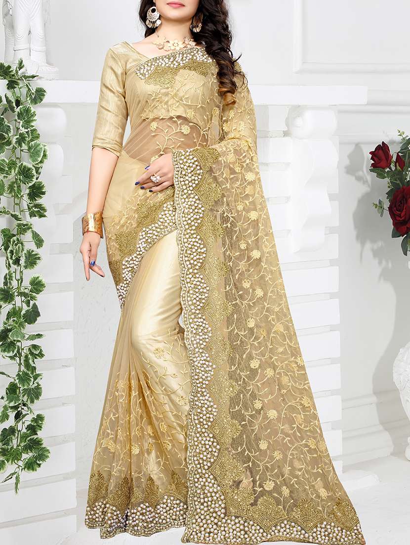 embellished border floral embroidered saree with blouse