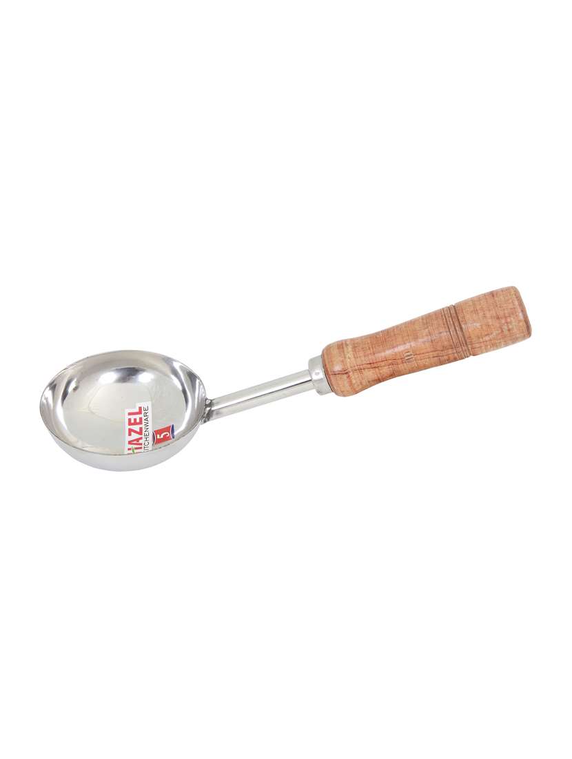 steel tadka pan short wooden handle 29 cm, 150 ml, silver