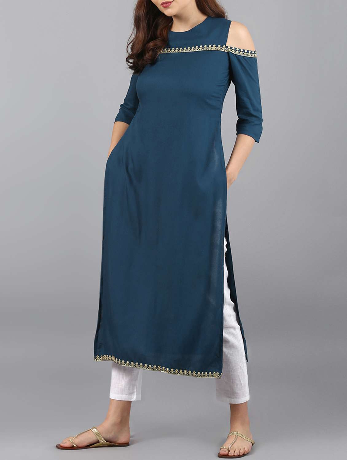 turquoise cold shoulder straight kurta