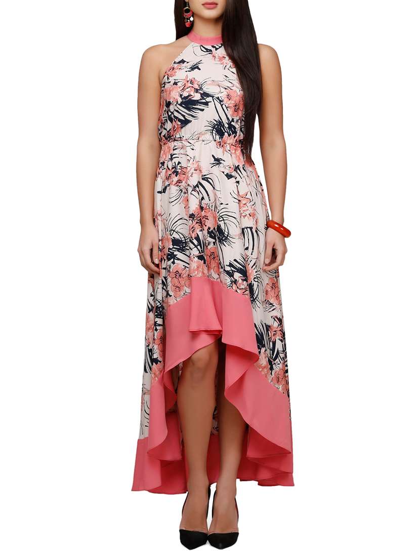 Contrast Hem Floral High Low Dress