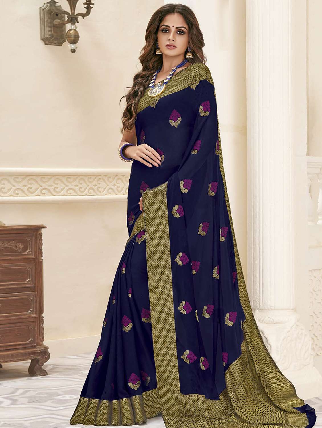 midnight blue woven saree with blouse