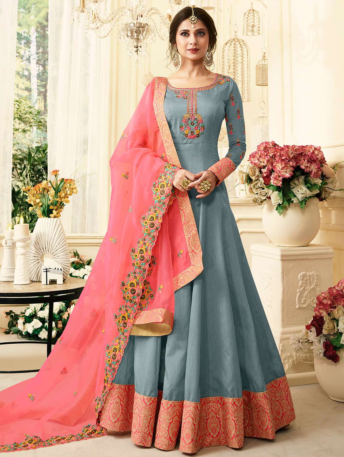 embroidered anarkali suit with contrast dupatta
