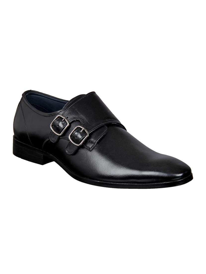 black leather slip on monk straps