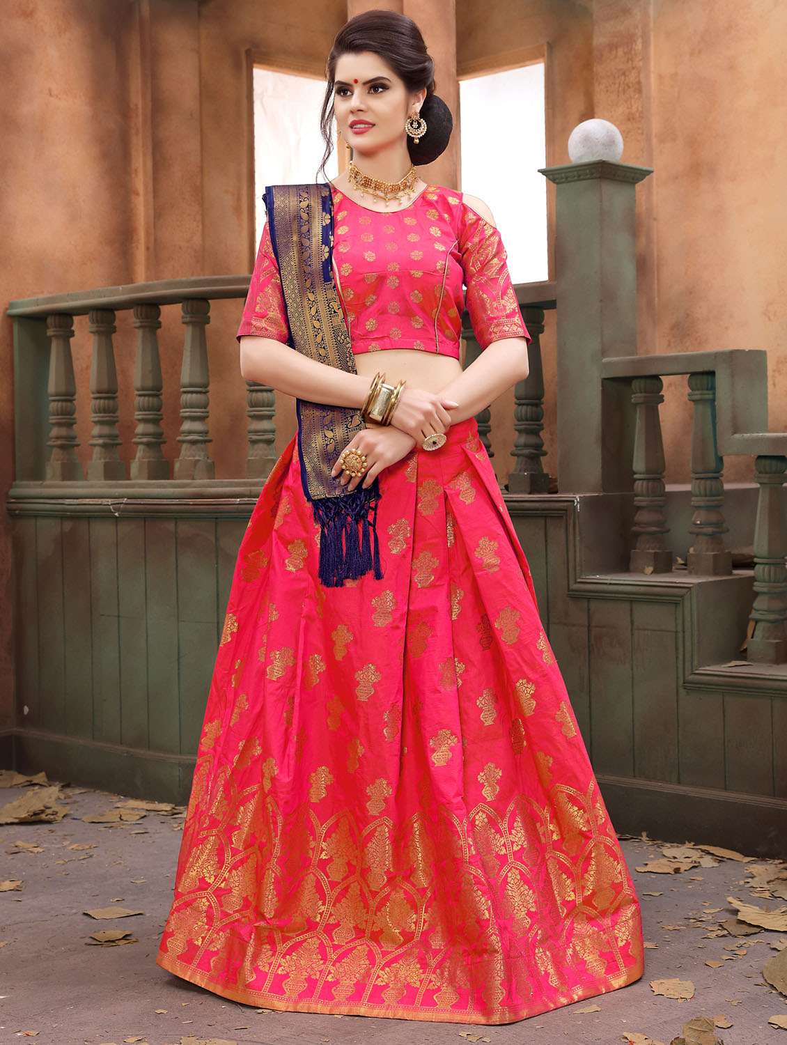 banarasi silk flared lehenga with contrast dupatta