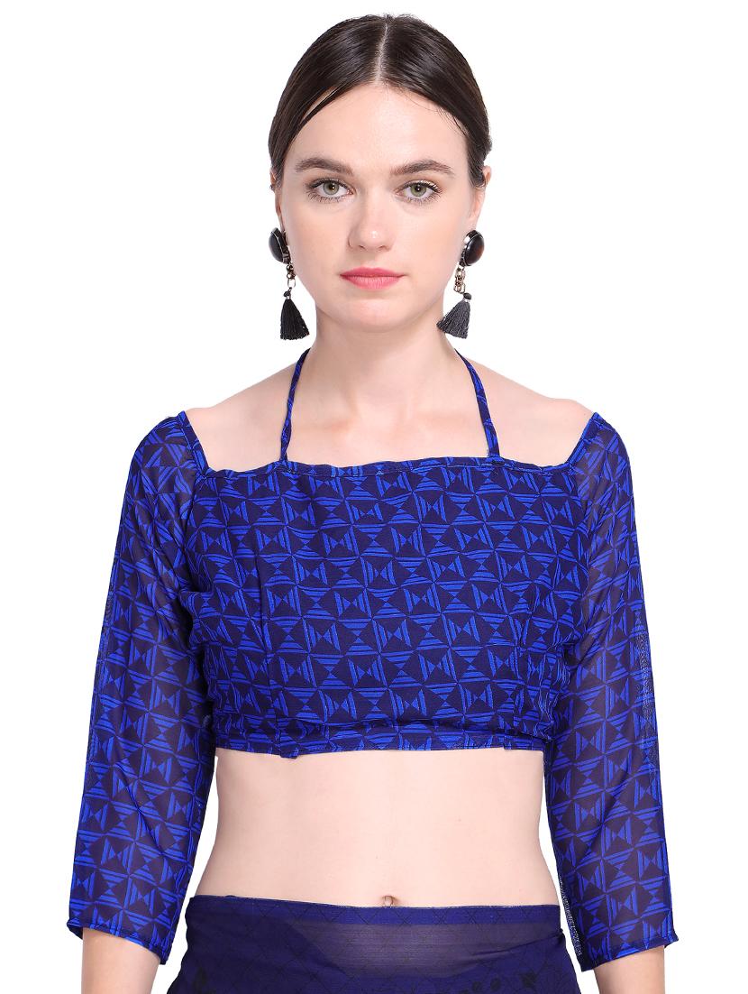 midnight blue printed saree with blouse - 15589917 - Standard Image - 2