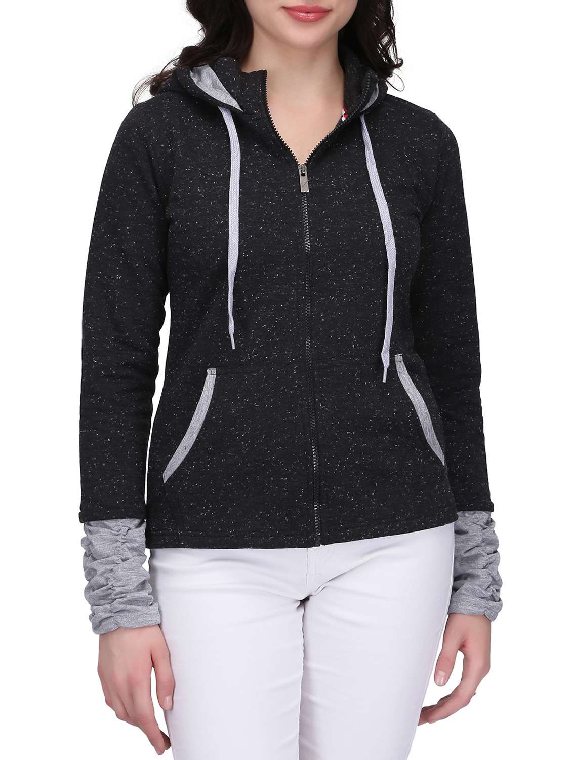 ruched sleeved hooded sweatshirt