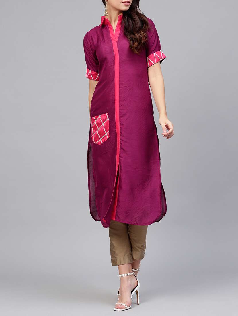 purple straight solid kurta