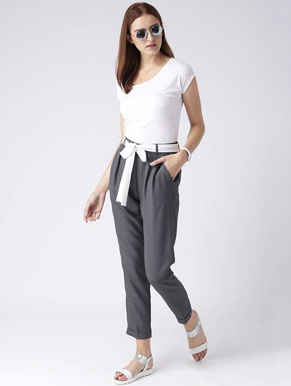 Contrast Waist Tie Pleated Trousers