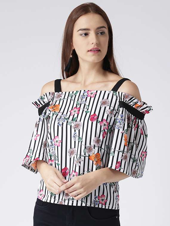 contrast detail floral striped top