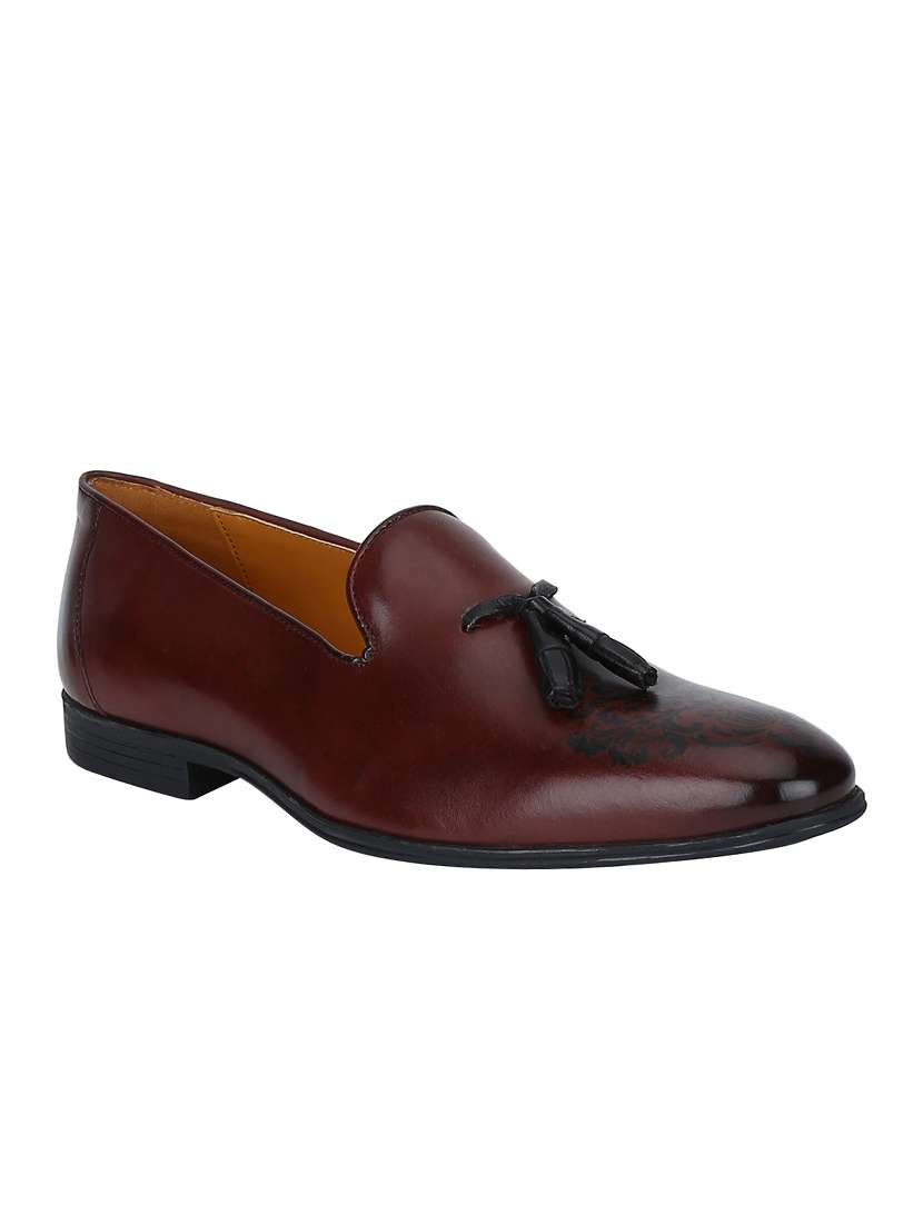 maroon leather tassel slip ons