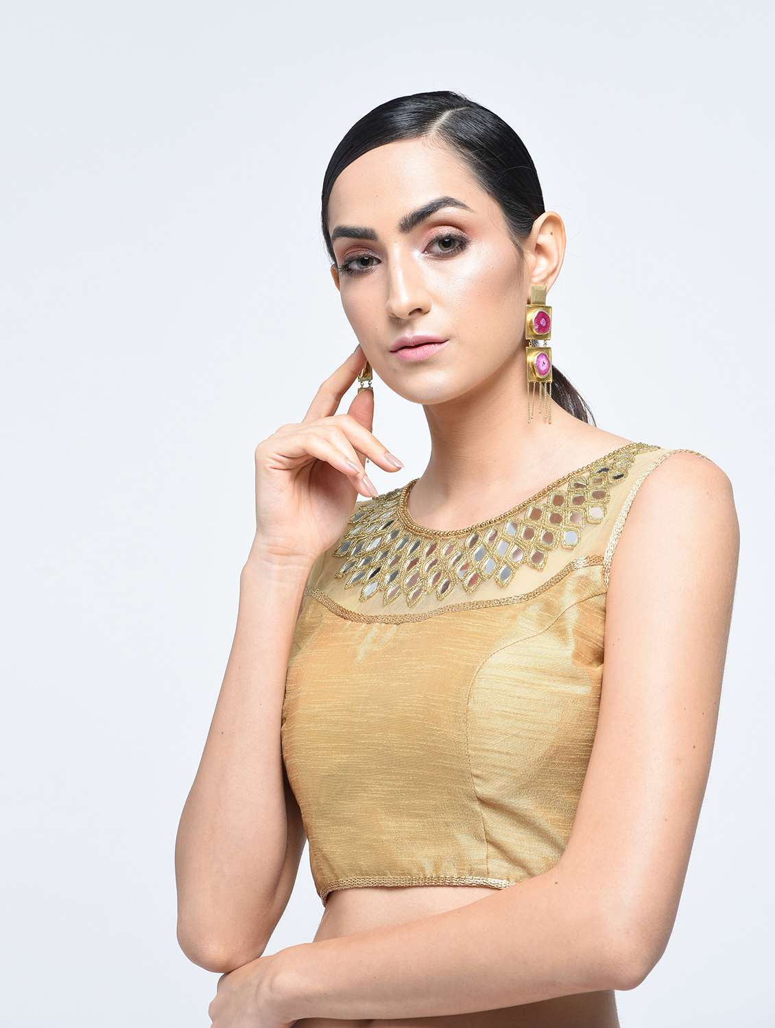 Mirror work blouse with drawstring