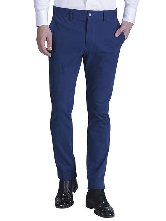 blue cotton flat front casual trouser