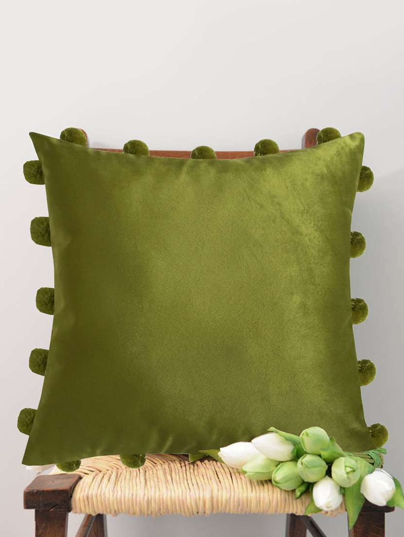 smooth green velvet cushion covers with matching vibrant pom poms (single pc, 16