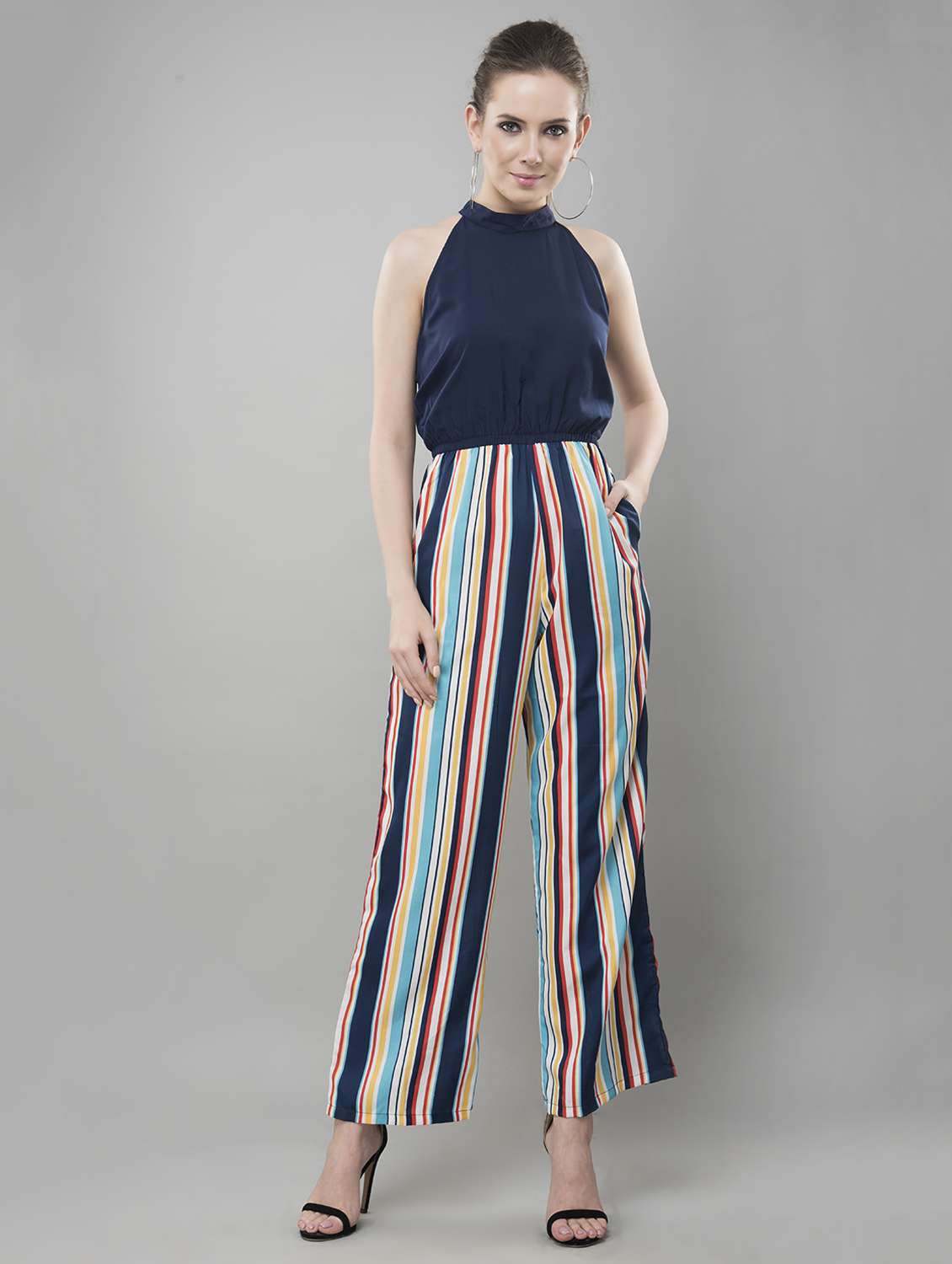 striped full leg jumpsuit