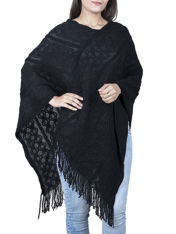 v neck fringed hem poncho