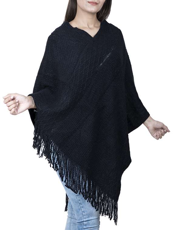 v neck fringed hem solid poncho