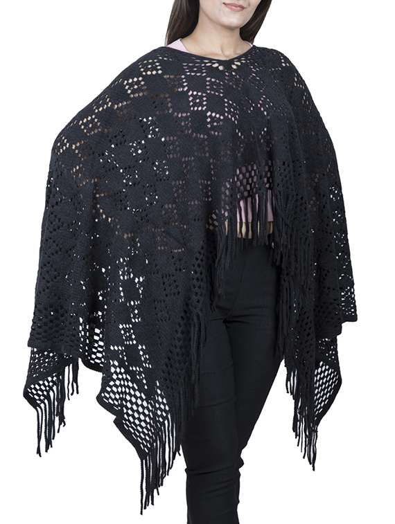 pointelle knit fringed hem shrug