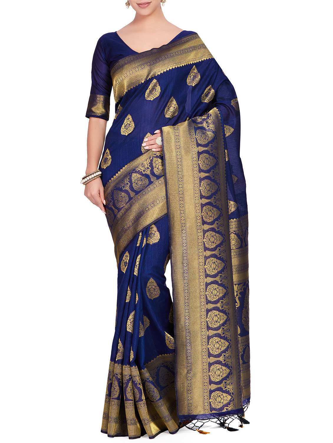 women's self design navy blue colored saree with blouse