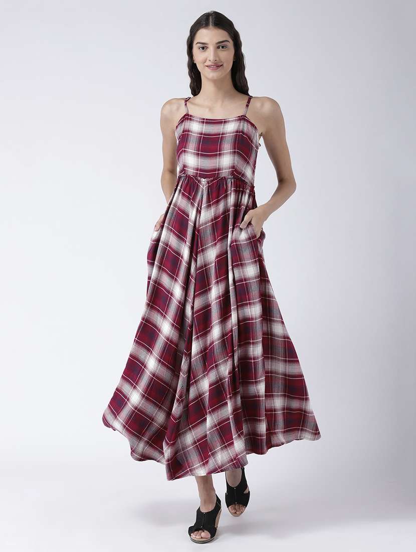 pocket detail checkered fit and flare dress