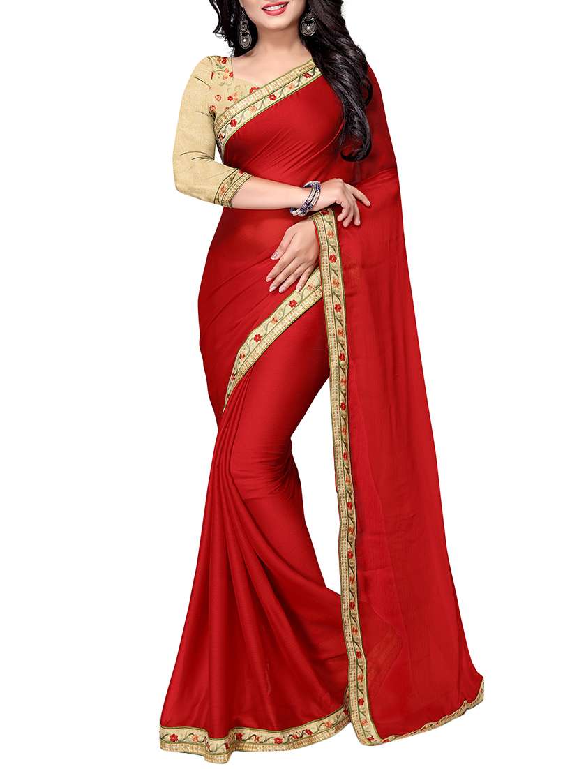 cherry red bordered saree with blouse