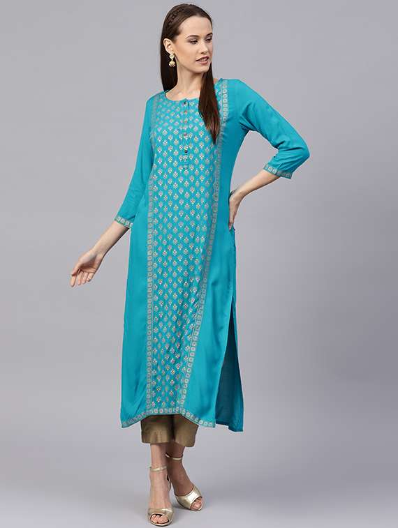 turquoise foil print straight kurta