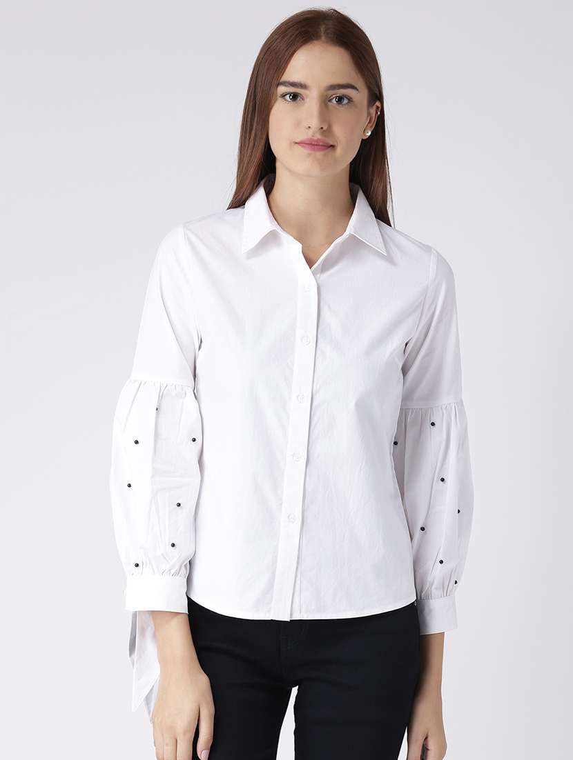 Contrast pearl detail lantern sleeved shirt