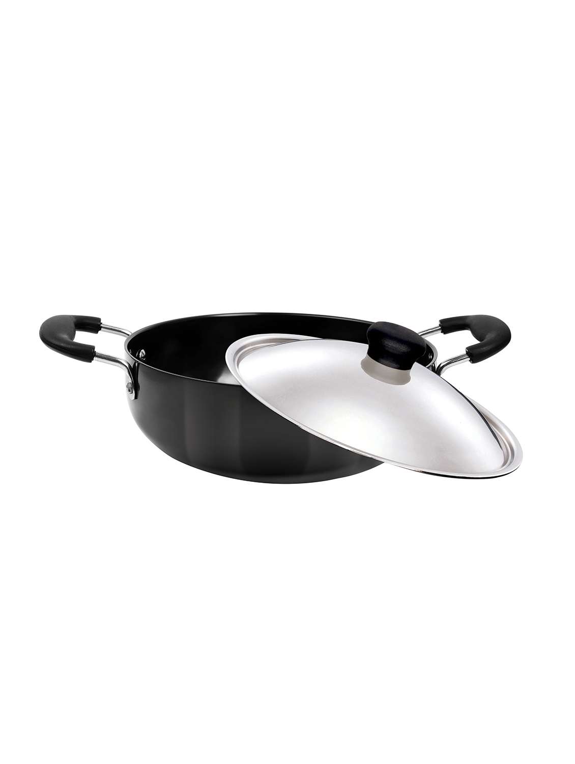 hard anodised  deep kadai with steel lid ,dia-20 cm,3mm,aluminium, 1800 ml, black