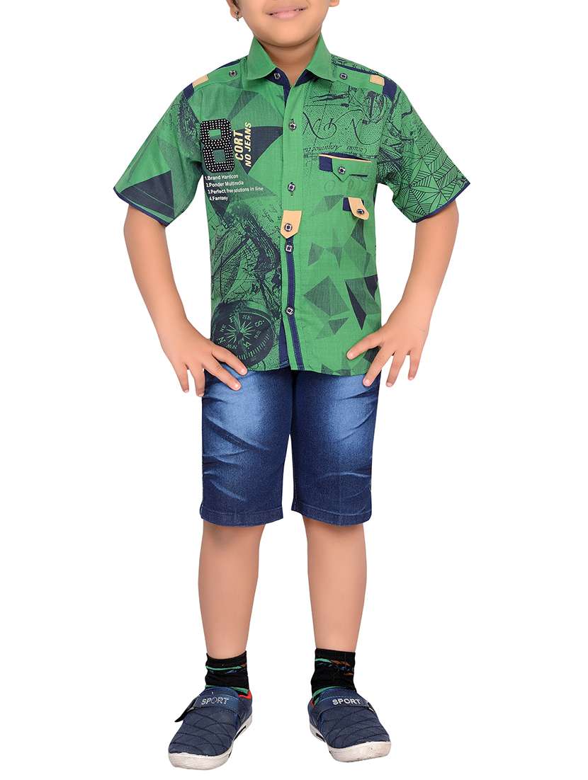 green cotton blend shorts set