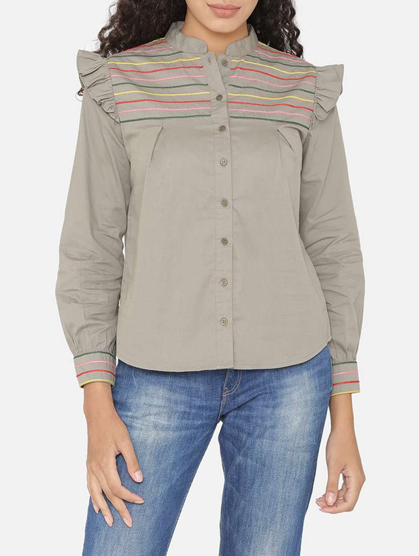 ruffled detail embroidered shirt