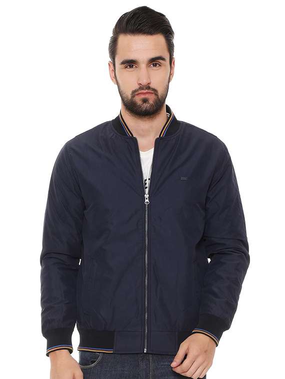 navy blue polyester bomber jacket