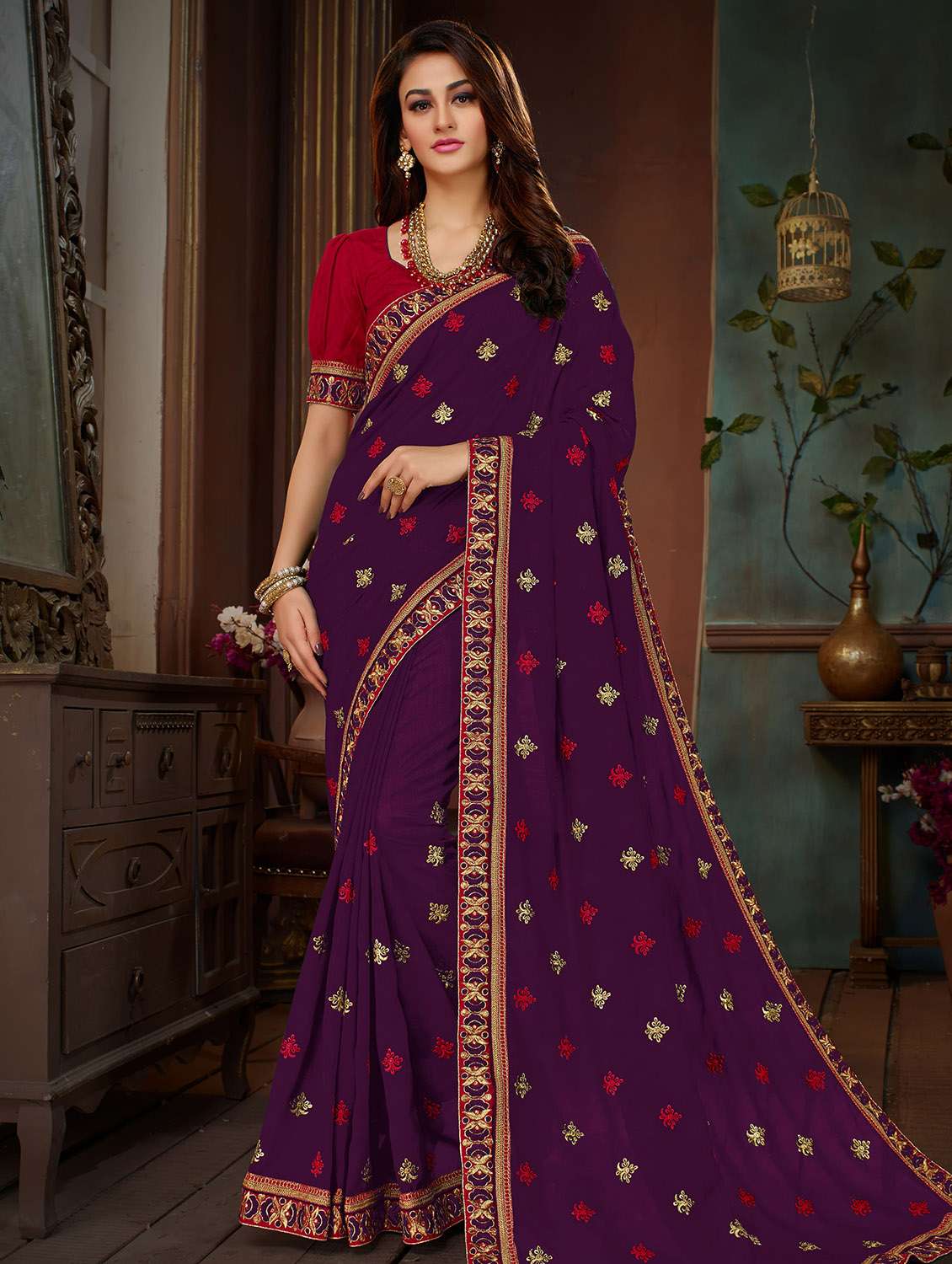 floral border embroidered saree