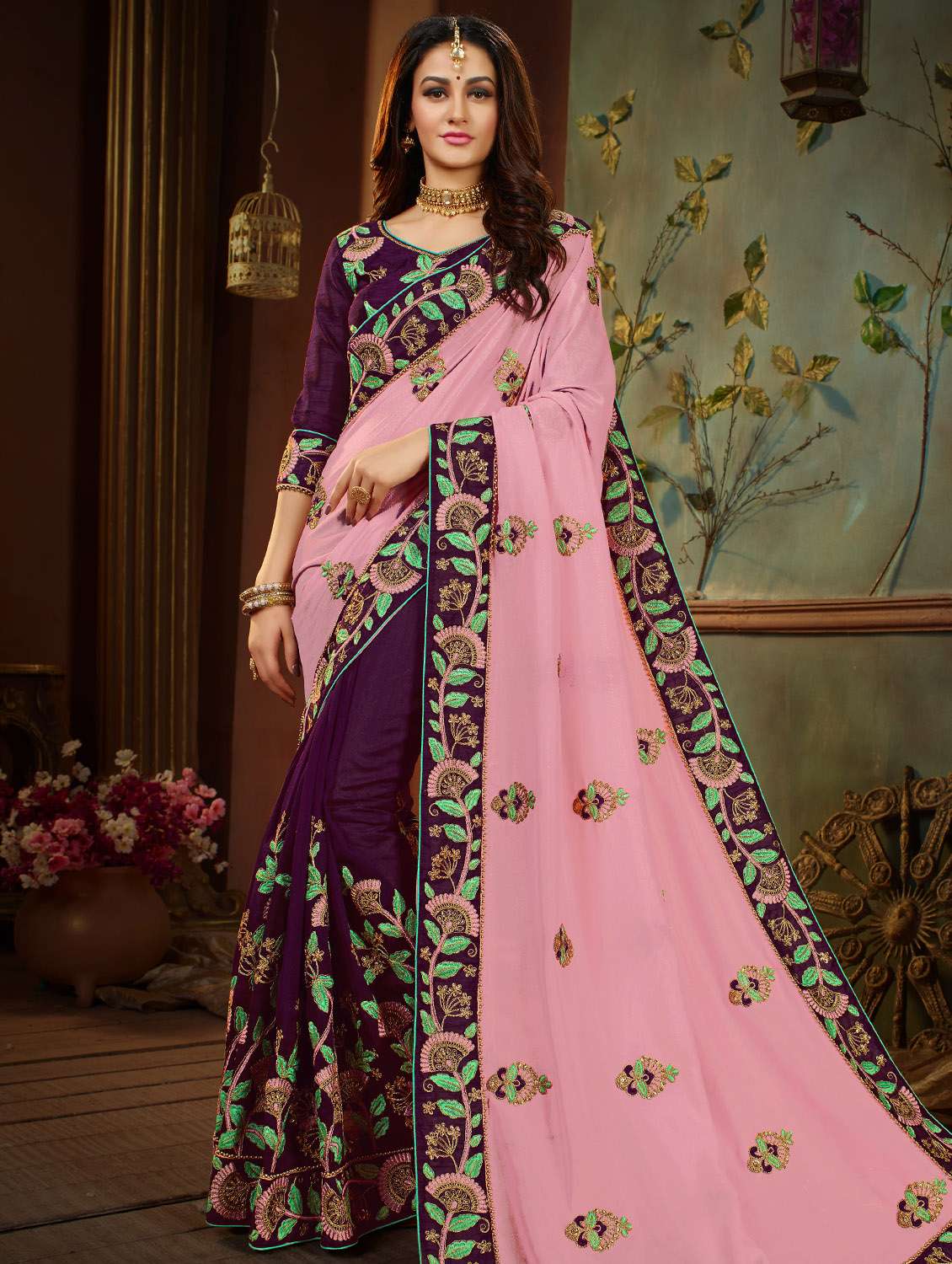 floral embroidered half & half saree with blouse