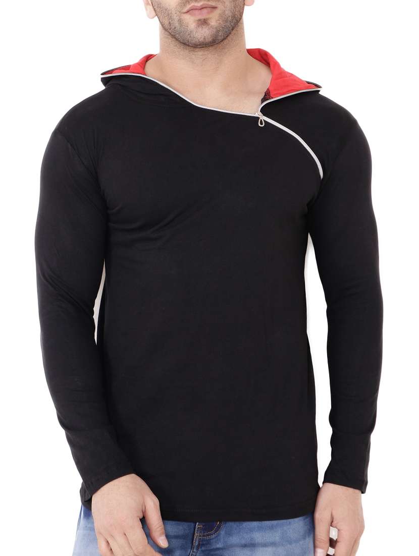 men black slim fit long sleeve hood neck t-shirt - 15651672 -  Zoom Image - 0