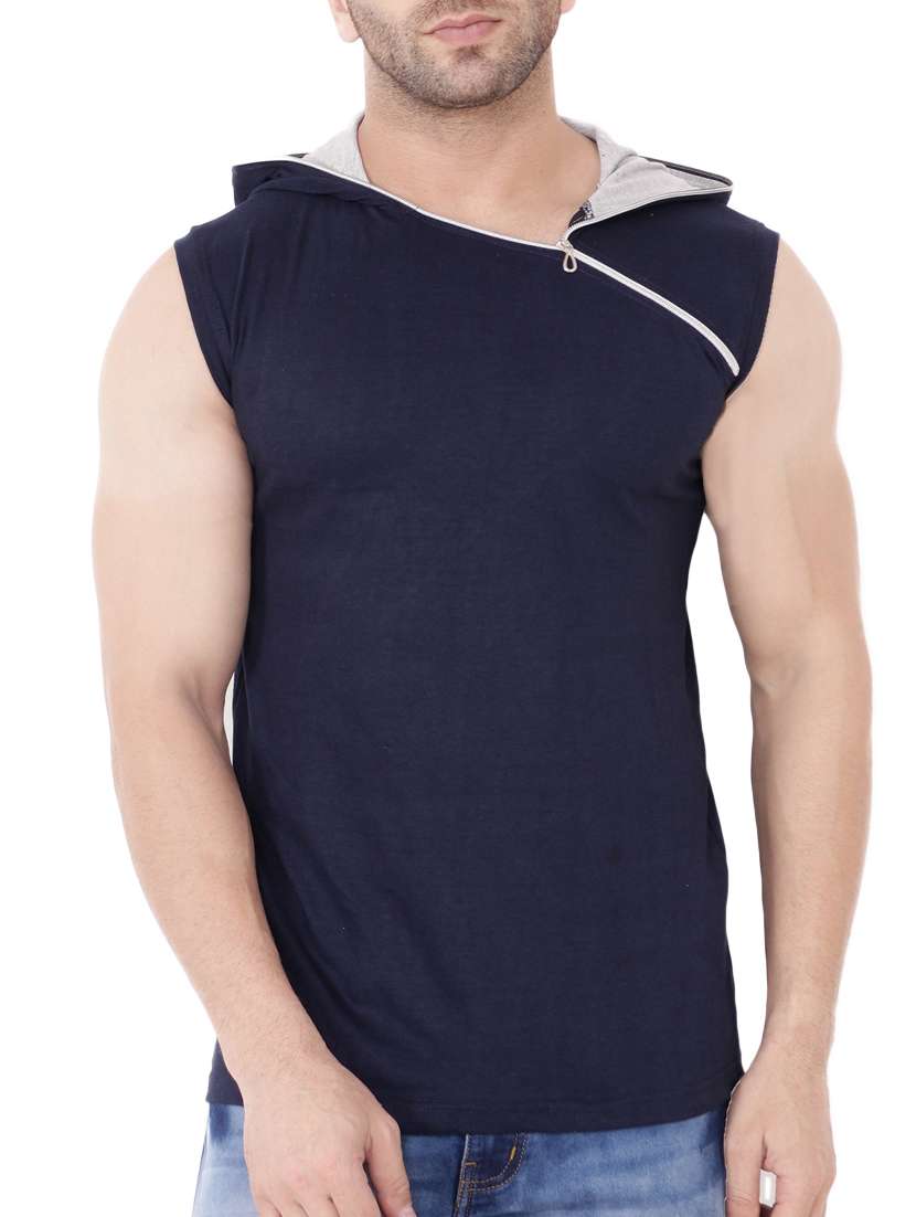 men navy blue slim fit sleeveless hood neck t-shirt
