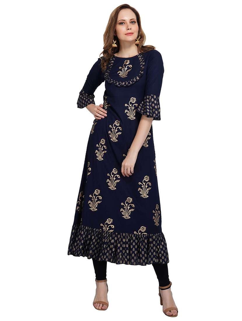 navy foil print bell sleeves kurta