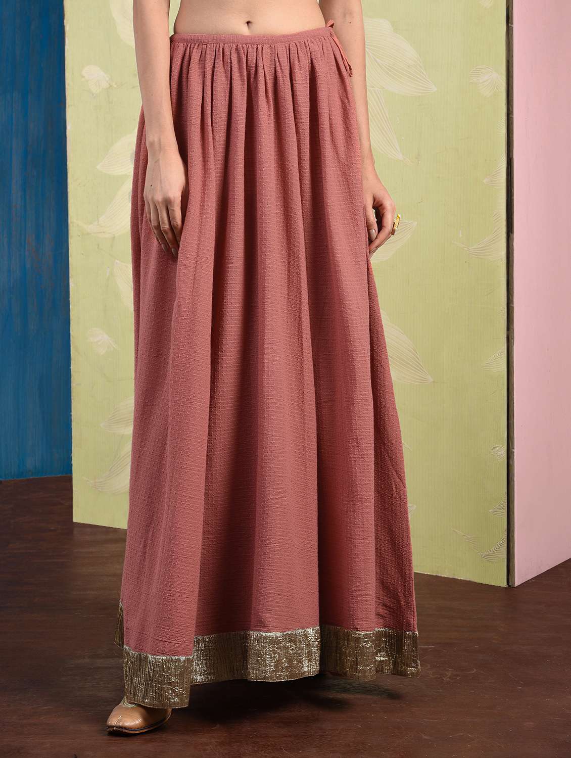 gold lace border flared skirt with drawstring