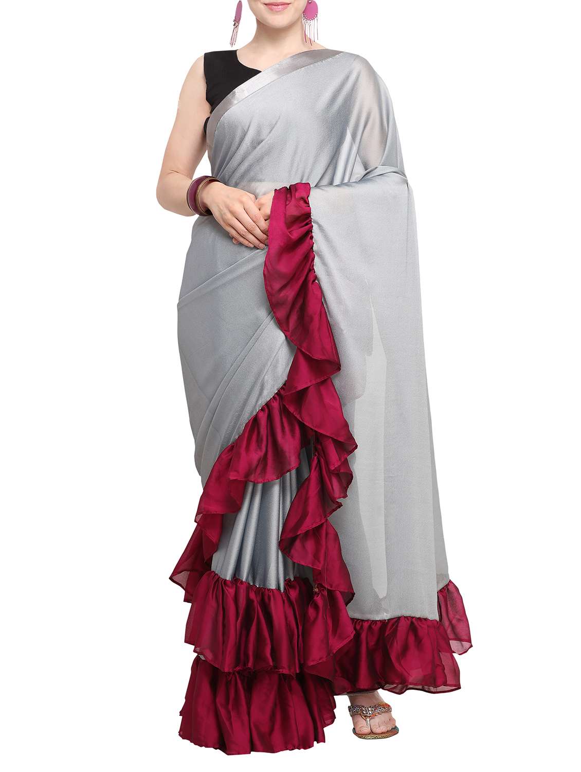 contrast ruffle border saree with blouse