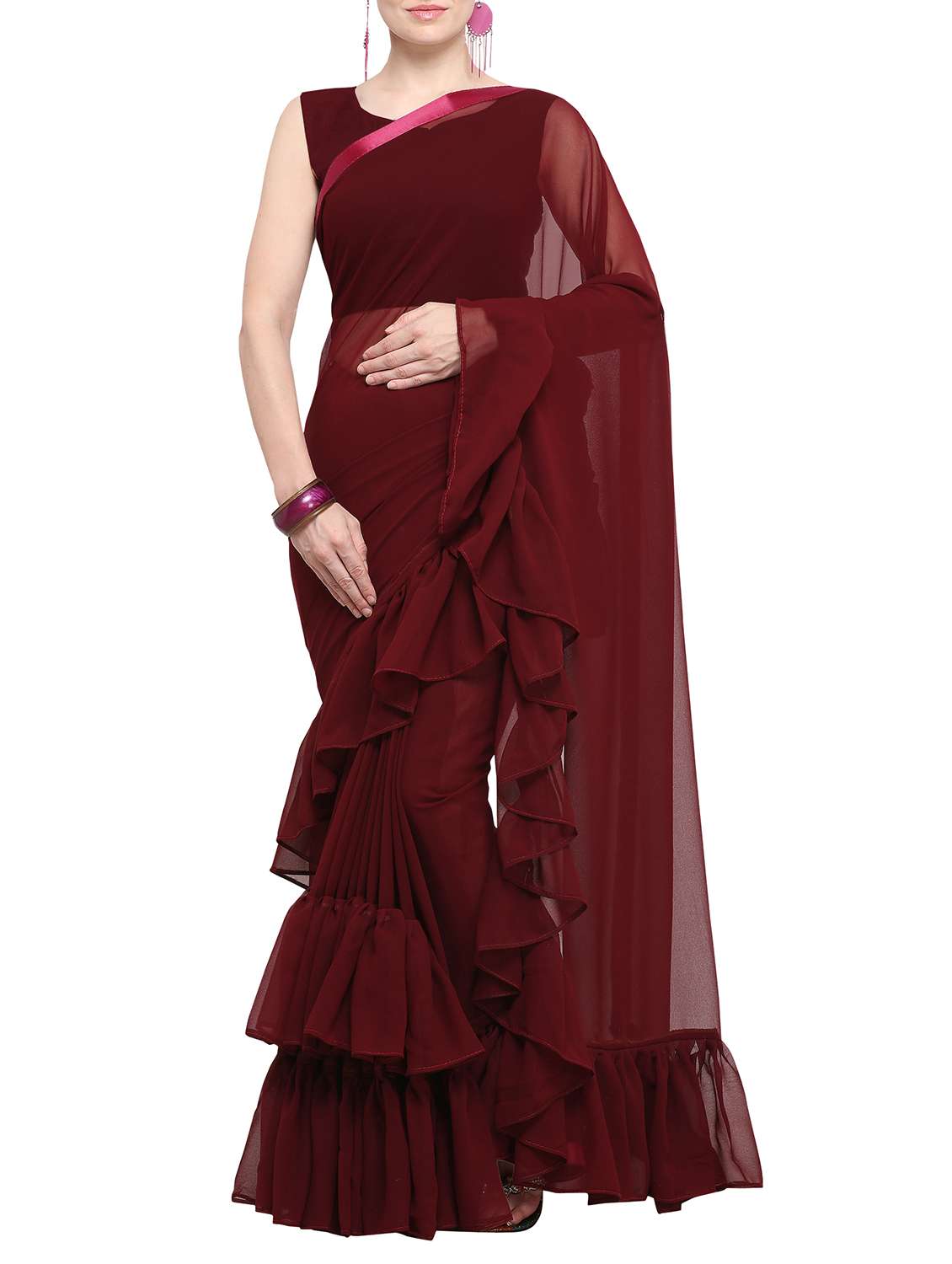 solid ruffle border saree with blouse