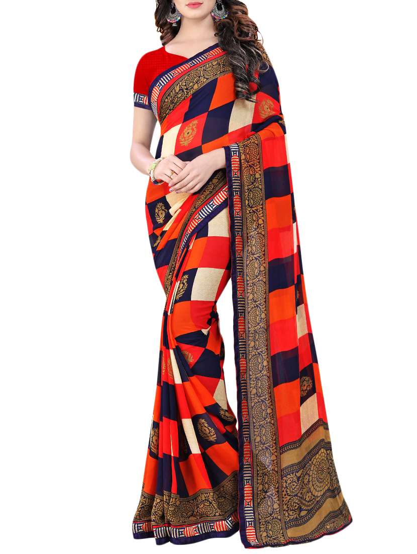 checkered printed saree with blouse