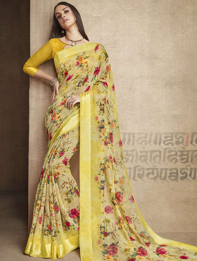 linen floral printed saree with blouse