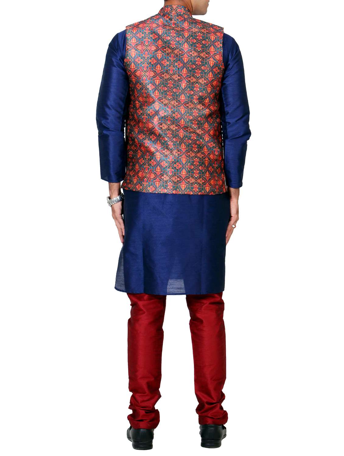 navy blue silk blend kurta pyjama set with nehru jacket - 15658279 -  Standard Image - 2