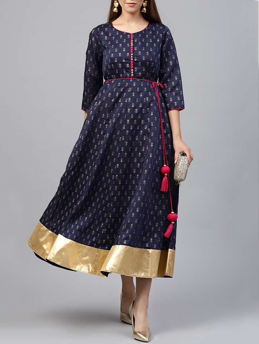 Foil print anarkali dress with tassels