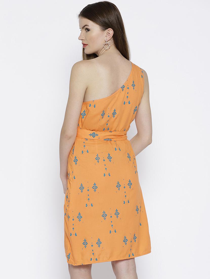 one shoulder overlap cross tie printed dress - 15670216 - Standard Image - 2